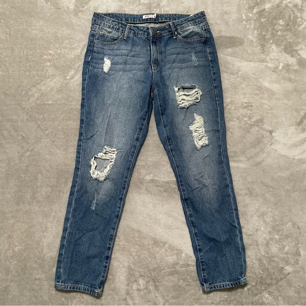 JustFab Distressed Straight Leg Jeans Size 30 Blue Denim Medium Wash Stretch